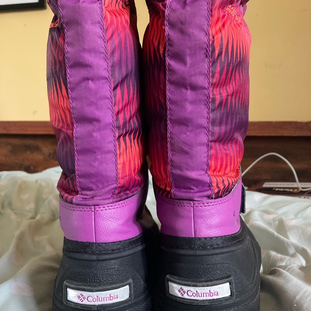 Multicolored Columbia snow boots.
